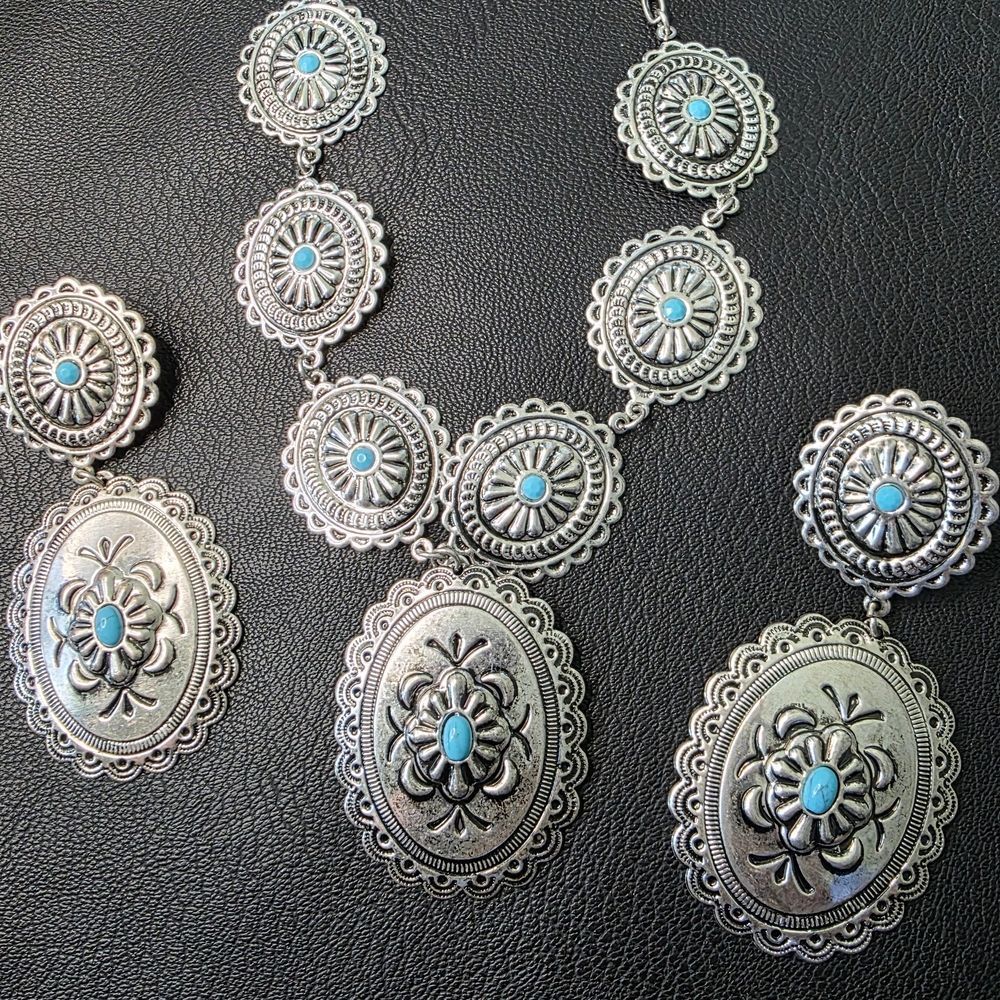 Silver-Tone Turquoise Accent Concho Necklace and Earrings Set